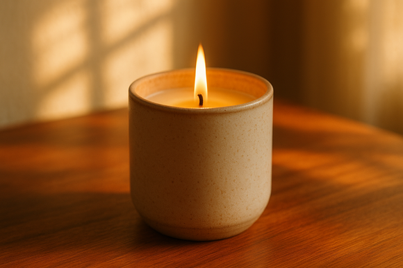 standard 10 oz pottery vessel burning candle placed on light mahogany wood in afternoon setting with natural light 