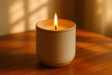 standard 10 oz pottery vessel burning candle placed on light mahogany wood in afternoon setting with natural light 